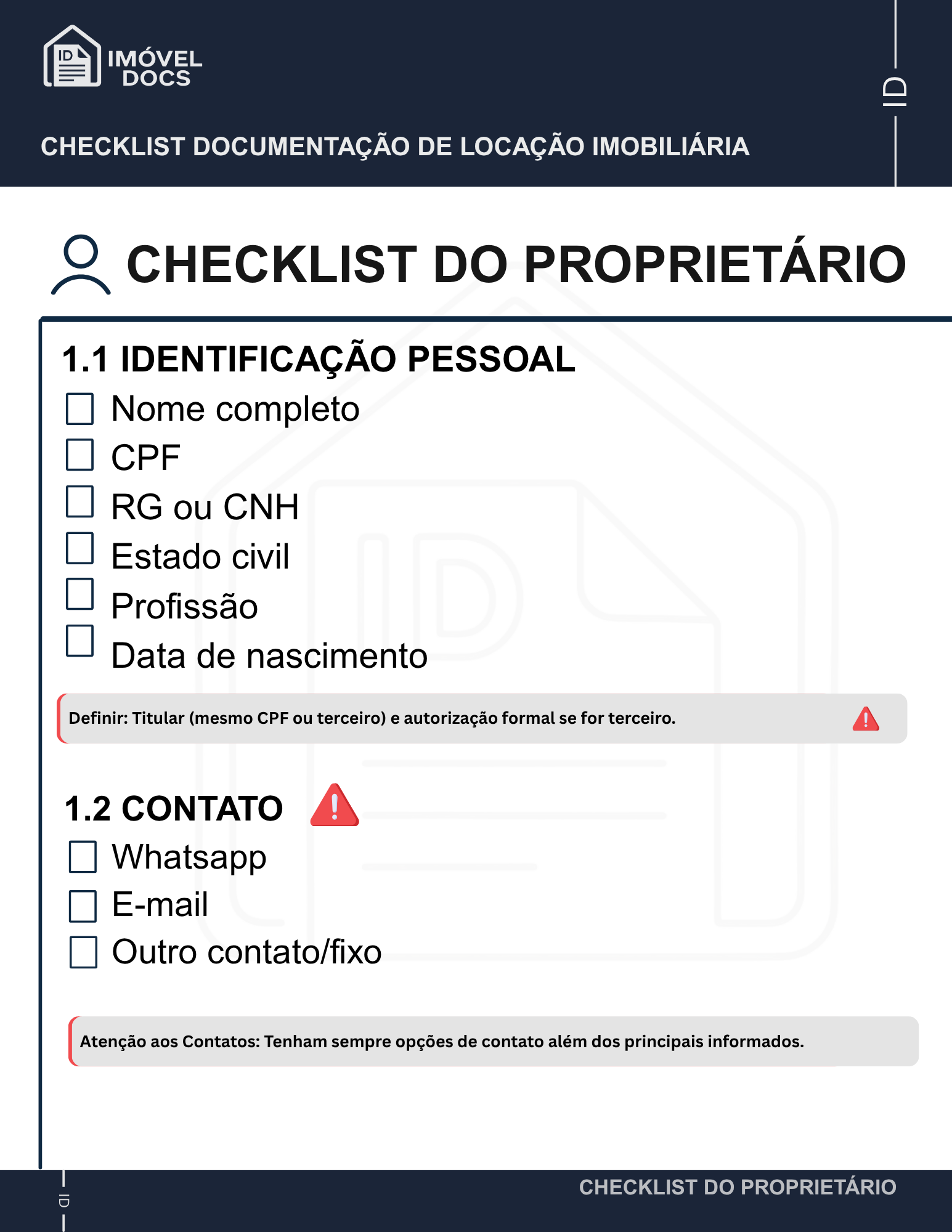 Checklist documental do proprietário PF
